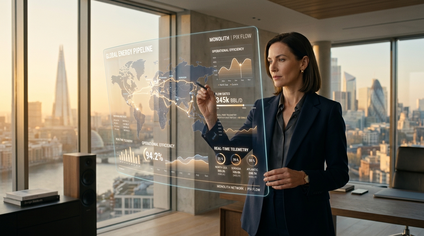 Business campaign creative featuring an executive and a visual operations display